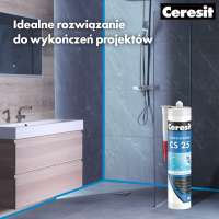 Wykończona łazienka z widocznym silikonem Ceresit CS25 Ice Glow wzdłuż krawędzi kabiny prysznicowej