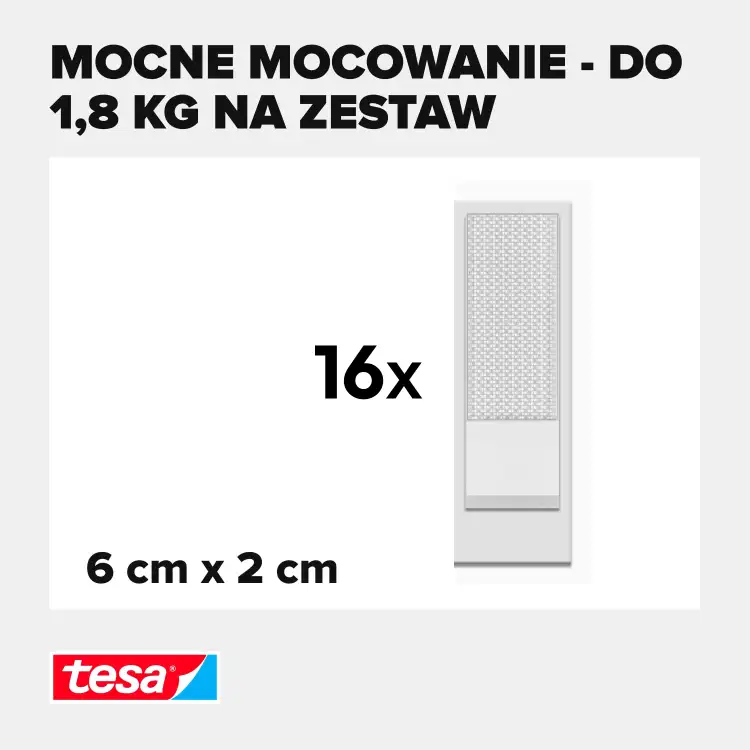 Zbliżenie na pojedynczy pasek rzepu Tesa oraz informacja o ilości i wymiarach w zestawie