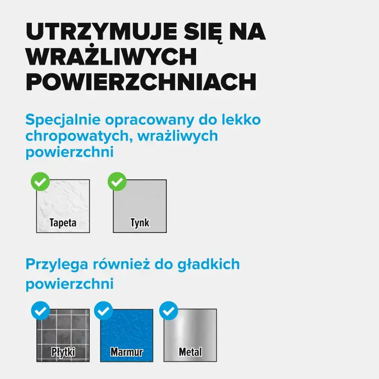 Grafika przedstawia zastosowanie rzepów samoprzylepnych Tesa na tapecie, tynku, płytkach i metalu
