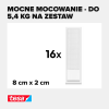 Zbliżenie na pojedynczy biały rzep samoprzylepny Tesa o wymiarach 8x2 cm na jasnym tle