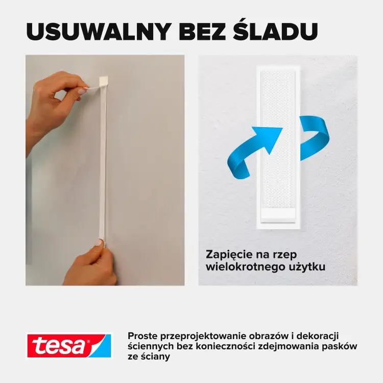 Instrukcja pokazuje sposób mocowania samoprzylepnego rzepu Tesa do wieszania obrazów na ścianie