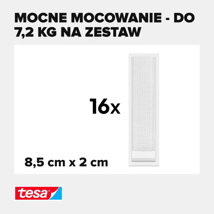 Na zdjęciu widoczna pojedyncza biała taśma rzepowa Tesa oraz informacja o ilości w zestawie