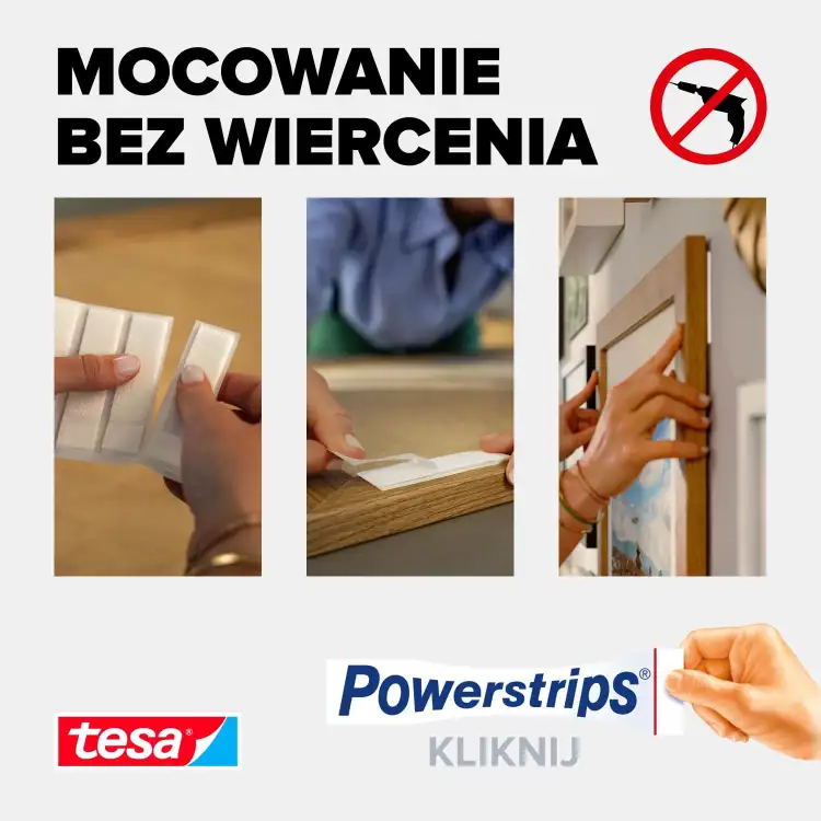 Zbliżenie na dłonie odklejające paski rzepów samoprzylepnych Tesa z arkusza przed użyciem