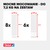 Zestaw samoprzylepnych rzepów Tesa w dwóch rozmiarach z wyraźnym oznaczeniem udźwigu i wymiarów