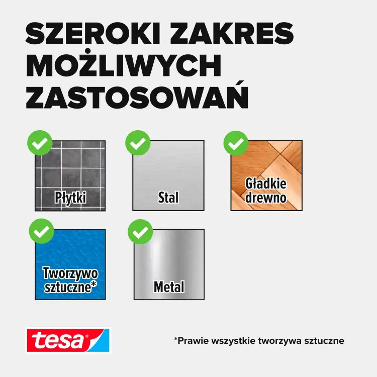 Grafika pokazuje, że biały rzep Tesa sprawdza się na płytkach, metalu i drewnie