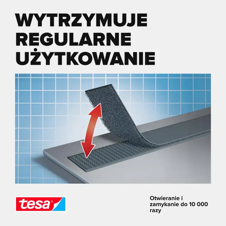 Wytrzymały biały rzep samoprzylepny Tesa prezentowany na szarej powierzchni podczas otwierania i zamykania
