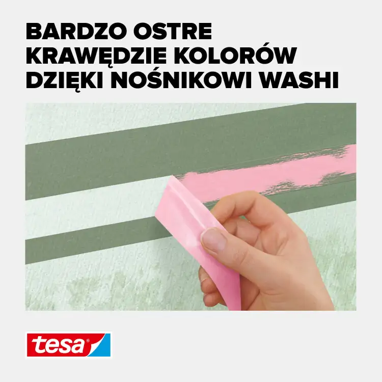 Różowa taśma Tesa Sensitive używana do uzyskania precyzyjnych, ostrych krawędzi podczas malowania