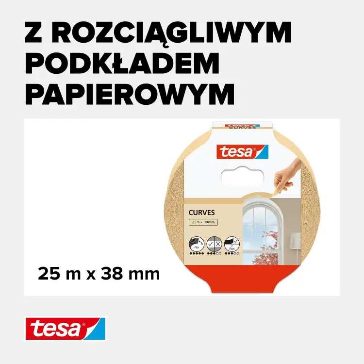 Opakowanie taśmy Tesa Curves prezentowane na tle białego napisu o rozciągliwym podkładzie papierowym