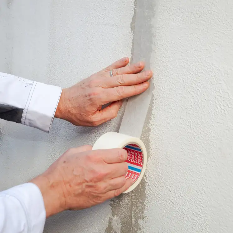 Osoba przykleja fizelinową taśmę Tesa na świeżo zaszpachlowane pęknięcie ściany