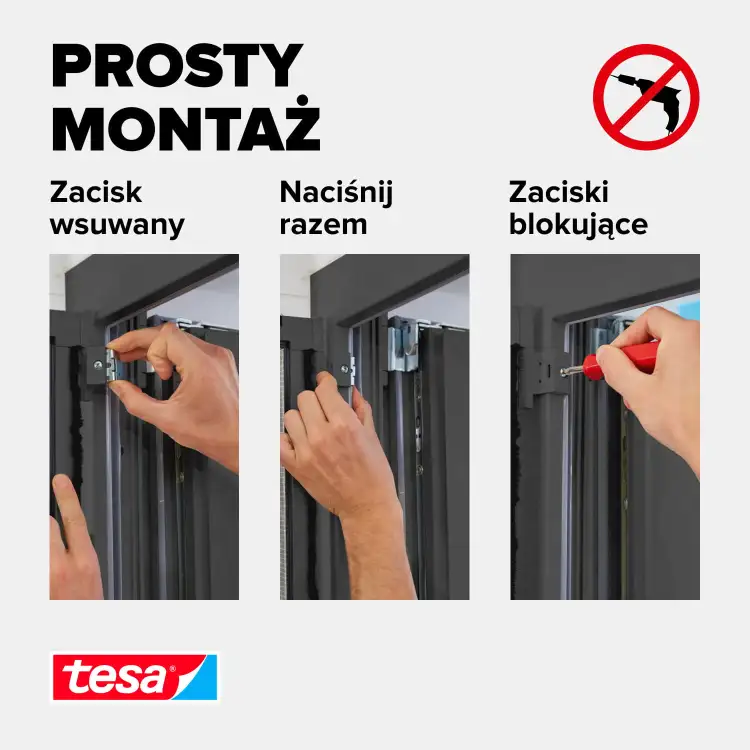 Instrukcja montażu białego adaptera Tesa ALU do moskitiery na ramie okiennej krok po kroku