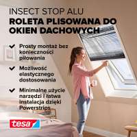 Widoczna roleta plisowana Tesa na oknie dachowym skutecznie chroni wnętrze przed owadami