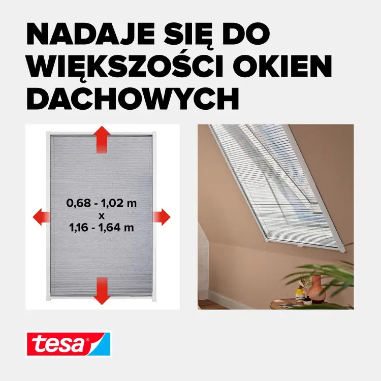 Praktyczne zastosowanie siatki Tesa na oknie dachowym zabezpieczającym przed insektami w jasnym wnętrzu