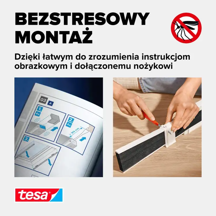 Instrukcja montażu moskitiery plisowanej Tesa pokazująca proste cięcie elementu za pomocą dołączonego nożyka