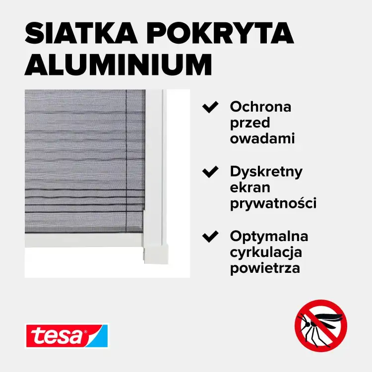 Zbliżenie na siatkę aluminiową Tesa prezentującą ochronę przed owadami i dyskretną prywatność
