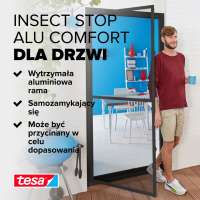 Aluminiowa moskitiera Tesa w kolorze antracyt chroni przed owadami podczas otwierania drzwi balkonowych