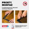 Instrukcja pokazuje łatwy montaż aluminiowej moskitiery Tesa na drewnianej powierzchni za pomocą złączy Easy-Fit