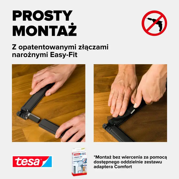 Instrukcja pokazuje łatwy montaż aluminiowej moskitiery Tesa na drewnianej powierzchni za pomocą złączy Easy-Fit