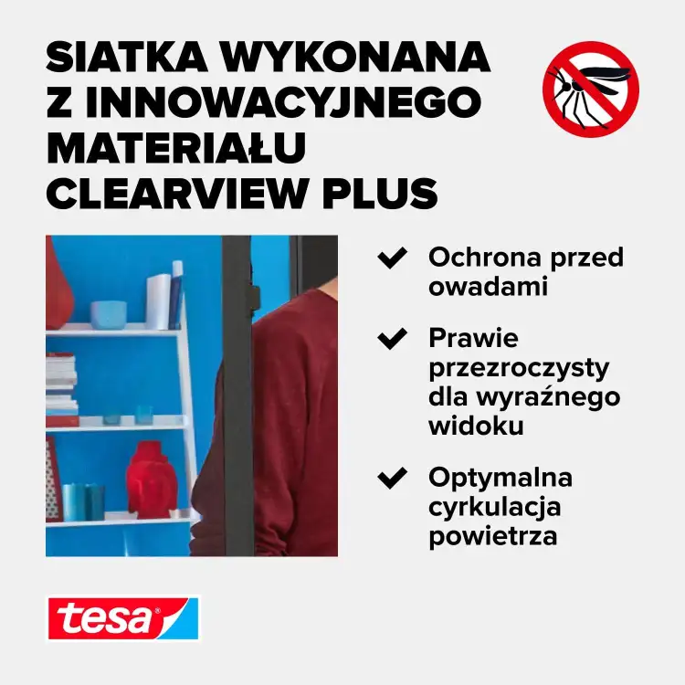 Zbliżenie na siatkę Tesa Clearview Plus prezentującą wysoką przezroczystość i skuteczną ochronę przed owadami