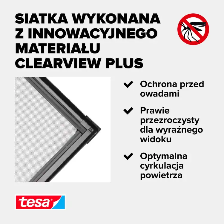 Zbliżenie na aluminiową ramę moskitiery Tesa z białą siatką ClearView Plus i logo marki