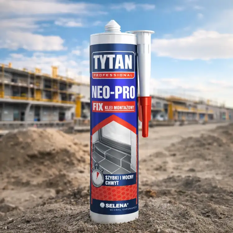 Wytrzymały klej Tytan Neo-Pro Fix prezentowany na tle placu budowy z widoczną końcówką aplikatora
