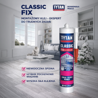 Transparentny klej Tytan Classic Fix prezentowany na tle nowoczesnego wnętrza z półkami i dekoracjami