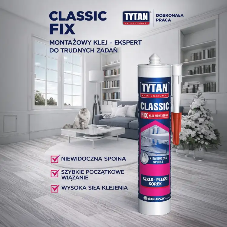Transparentny klej Tytan Classic Fix prezentowany na tle nowoczesnego wnętrza z półkami i dekoracjami