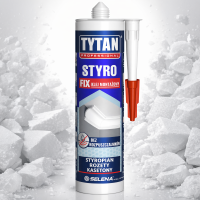 Opakowanie Tytan Styro Fix prezentowane na tle rozkruszonego styropianu podkreśla zastosowanie do izolacji