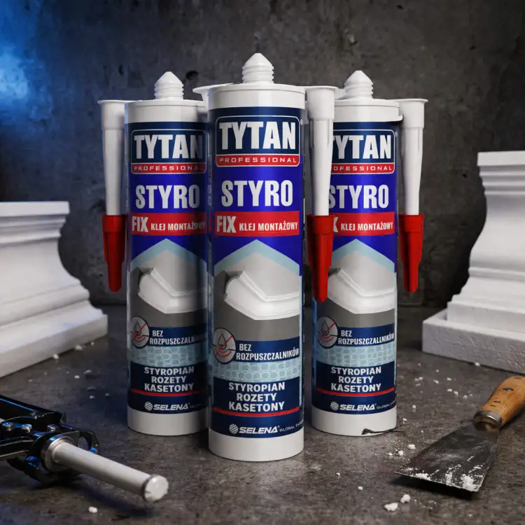 Trzy tuby kleju Tytan Styro Fix stojące pionowo na tle narzędzi i elementów sztukaterii styropianowej