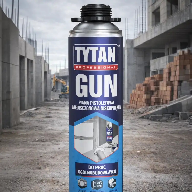 Opakowanie piany Tytan GUN prezentowane na tle placu budowy podczas prac montażowych