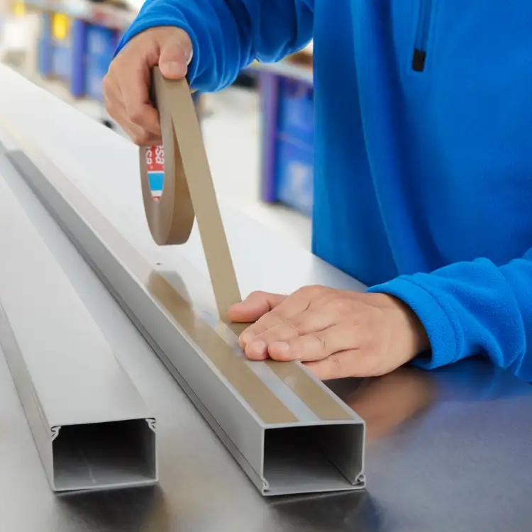 Ręka aplikuje mocną taśmę Tesa 4970 na aluminiowy profil w jasnym warsztacie