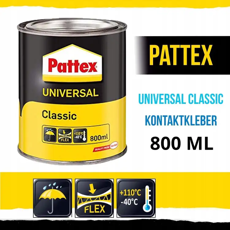 Metalowa puszka Pattex Universal Classic z żółto-czarną etykietą prezentuje pojemność 800 ml