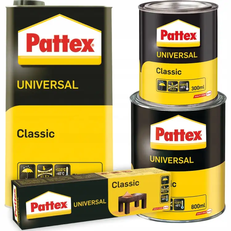 Zbliżenie na różne opakowania kleju Pattex Universal Classic do wszechstronnych zastosowań domowych i remontowych