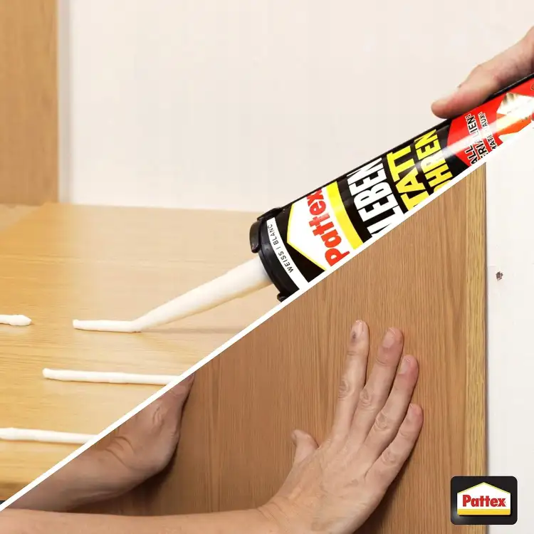Aplikacja białego kleju Pattex Extreme Power na drewnianą powierzchnię podczas montażu mebli