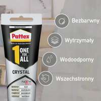 Przezroczysty klej Pattex One4All Crystal prezentowany na tle ikon z cechami produktu