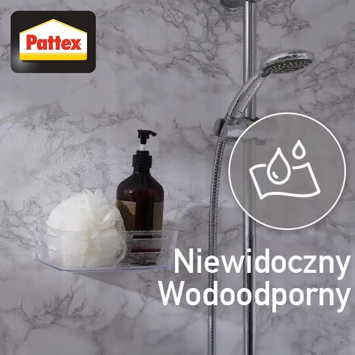 Przezroczysty klej Pattex One4All Crystal utrzymuje półkę prysznicową na mokrej ścianie łazienki