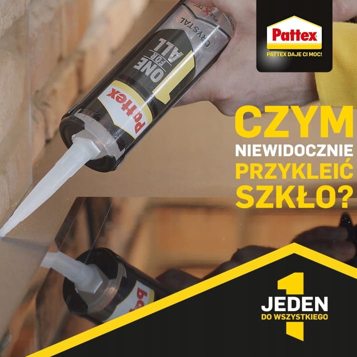 Aplikacja przezroczystego kleju Pattex One4All Crystal na szklaną powierzchnię podczas montażu