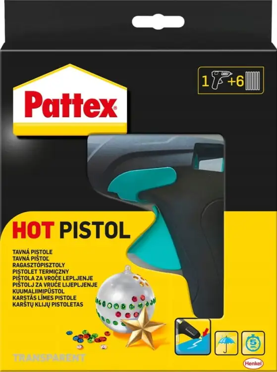 Opakowanie z pistoletem Pattex Hot Pistol oraz wkładami widoczne na tle żółto-czarnym