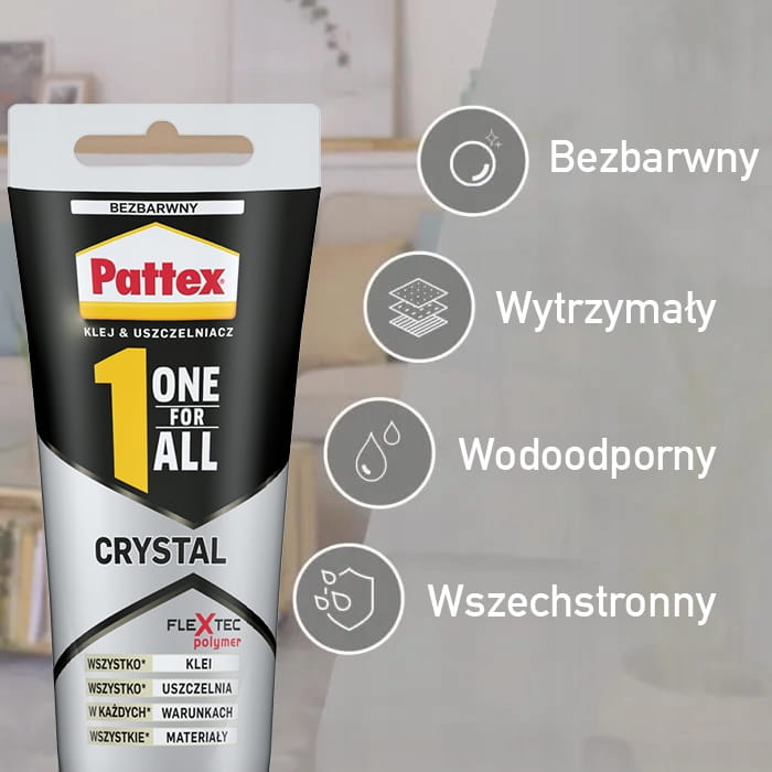 Opakowanie Pattex One4All Crystal prezentowane na tle ikon podkreślających jego wodoodporność i uniwersalne zastosowanie