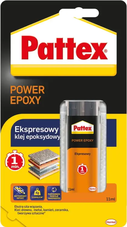 Opakowanie Pattex Power Epoxy prezentuje dwuskładnikowy klej ekspresowy przeznaczony do szybkich napraw domowych