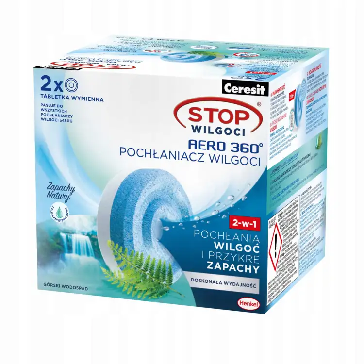Opakowanie wkładów Ceresit Aero 360 prezentujące tabletki o zapachu górskiego wodospadu na tle natury