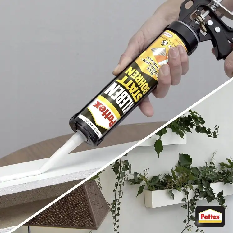 Aplikacja kleju Pattex One4All Express na listwę przypodłogową przy pomocy pistoletu montażowego
