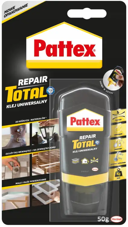 Opakowanie Pattex Repair Total prezentuje przykłady zastosowań kleju do naprawy różnych powierzchni w domu