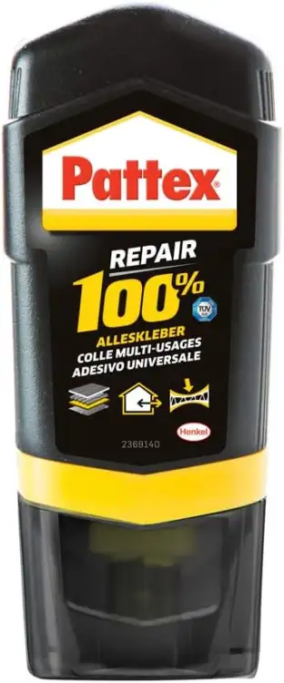 Charakterystyczne czarne opakowanie Pattex Repair 100% z żółtym paskiem i dużym logo marki na froncie