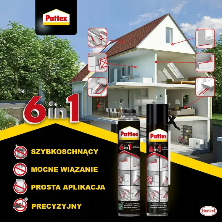 Na zdjęciu widoczna puszka Pattex PU 6in1 stojąca przed przekrojem domu z zaznaczonymi zastosowaniami