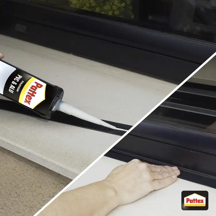 Biały klej Pattex Fix aplikowany na parapet przed montażem aluminiowego profilu okiennego
