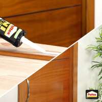 Aplikacja kleju Pattex Fix Wood na krawędź drewnianego blatu podczas montażu mebli