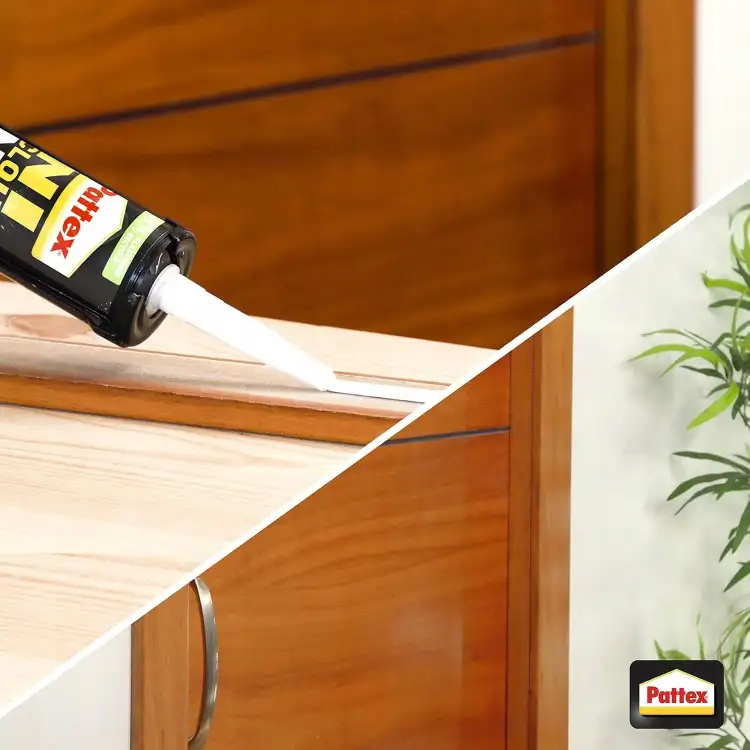 Aplikacja kleju Pattex Fix Wood na krawędź drewnianego blatu podczas montażu mebli