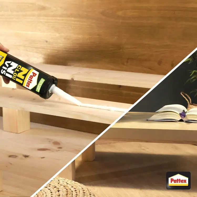 Prezentacja aplikacji kleju Pattex Fix Wood na połączenie drewnianych elementów podczas montażu półki