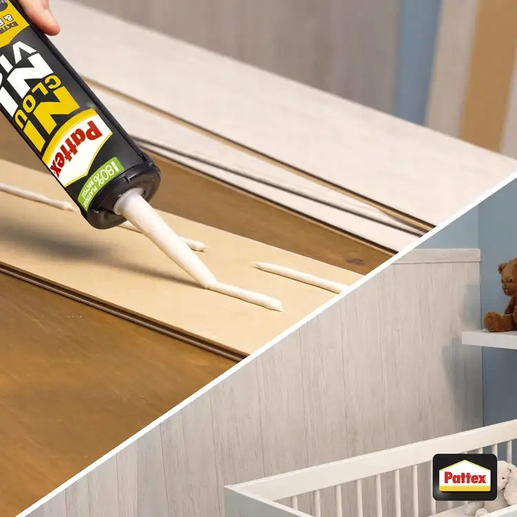Biała linia kleju Pattex Fix Wood nakładana na powierzchnię drewnianej płyty przed montażem