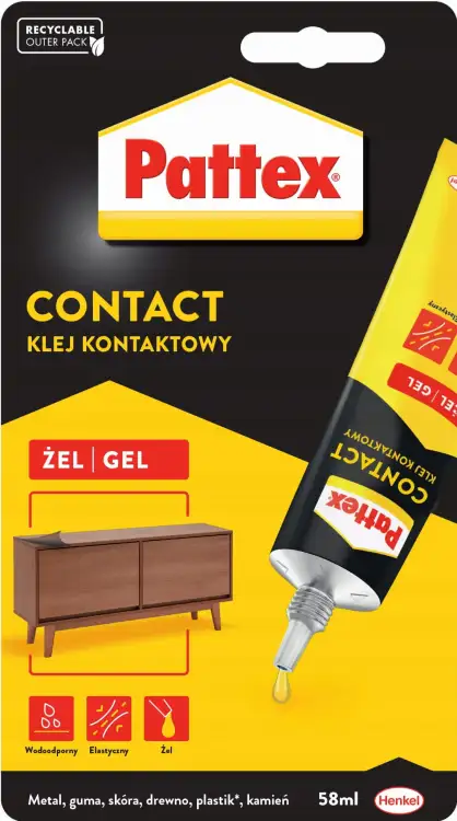 Opakowanie żelu Pattex prezentuje aplikator precyzyjnie dozujący klej na powierzchnię mebla